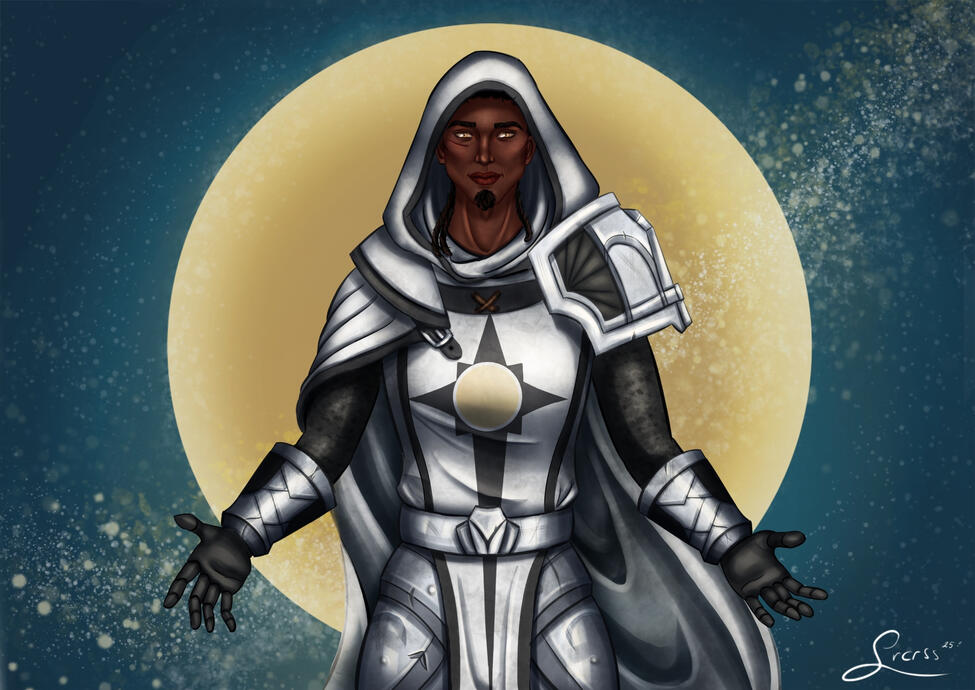 Zeichnung eines druidischen Wappens mit hölzernem Hirschgeweih und Axtblättern.