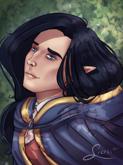 Portraitzeichnung eines Elfen in mittelalterlicher Gewandung.