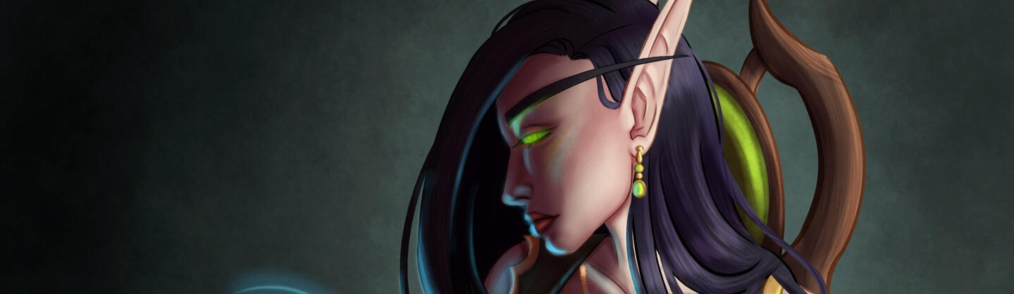 Potraitbildnis einer Blutelfe mit nachdenklichem Gesichtsausdruck.